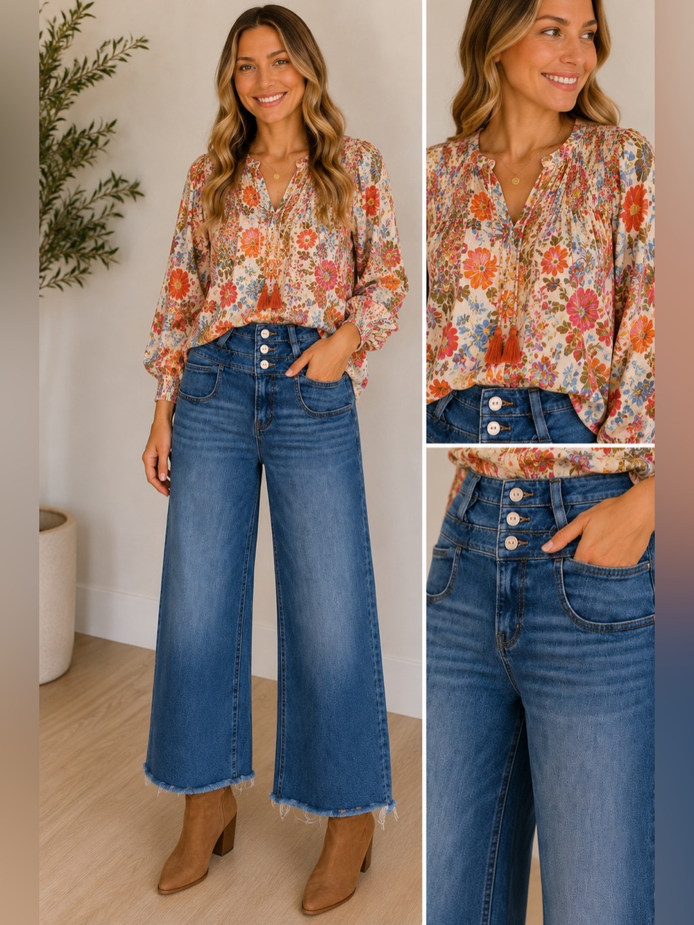 RISEN Jeans Size 1/25 High Rise Wide Leg Raw Hem Triple Button